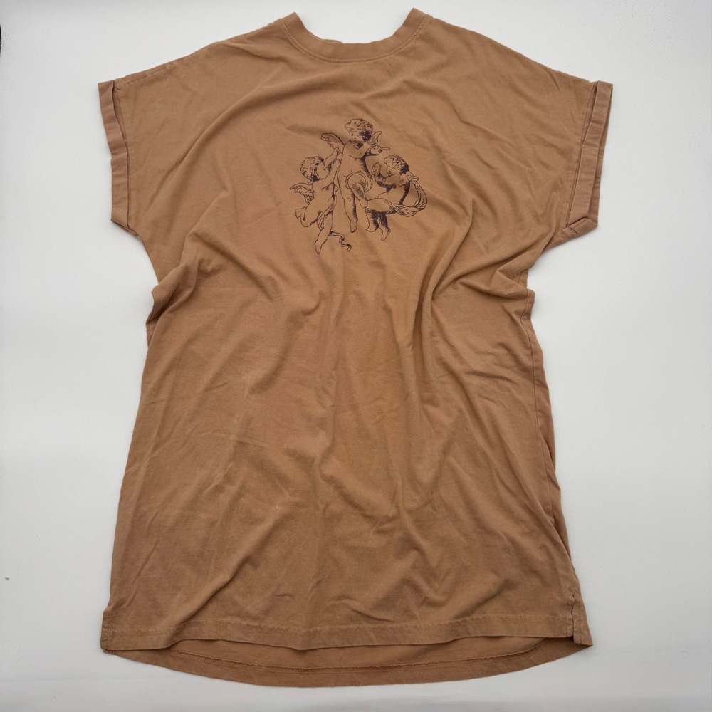 Forever 21 Cherub Graphic T-Shirt Dress Tan Short Sleeve XL Angel Renaissance